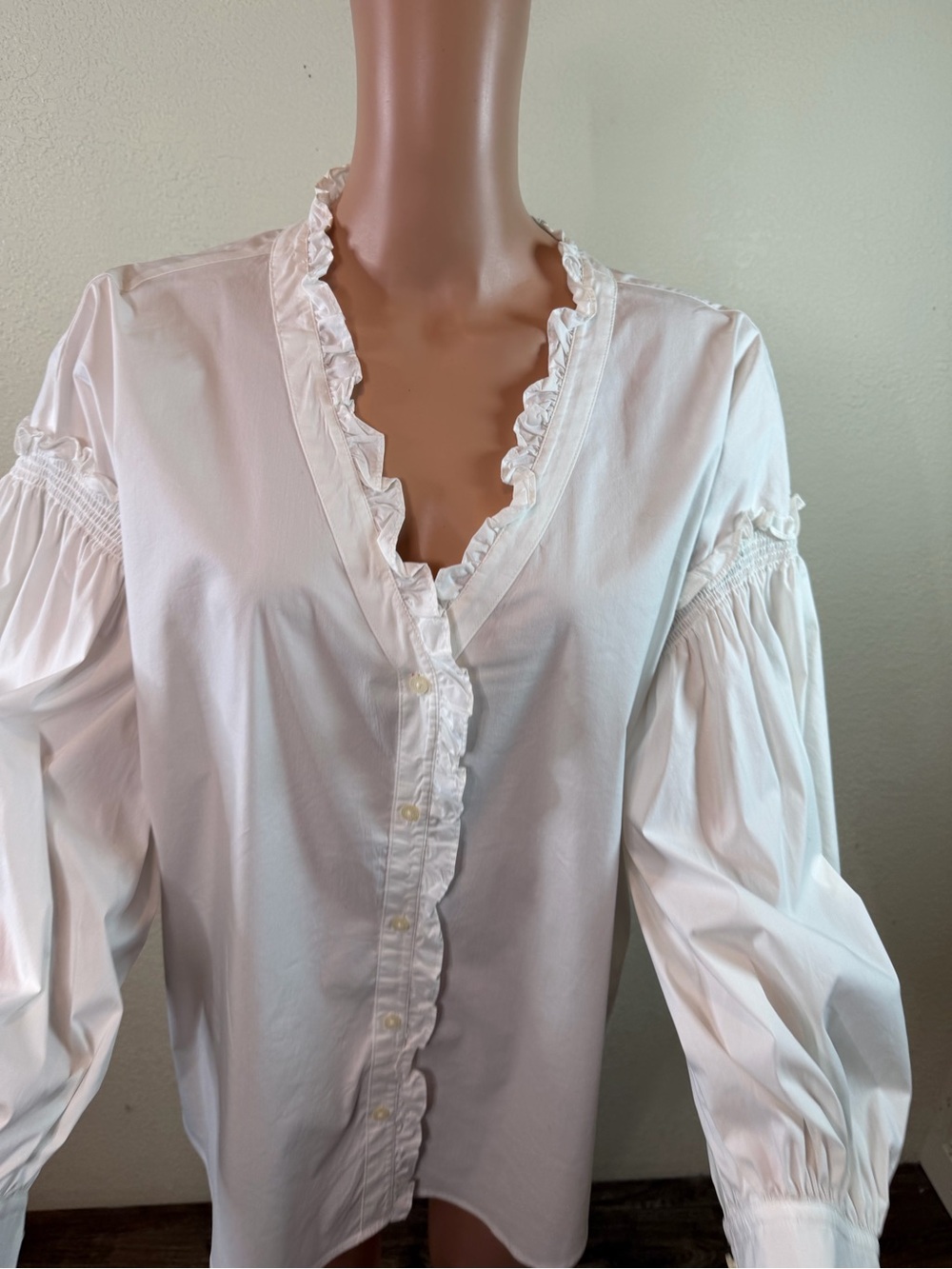 Lauren Ralph Lauren White Solid V-Neck Ruffle Button-Up Woven Cotton Blouse XL - Picture 6 of 12